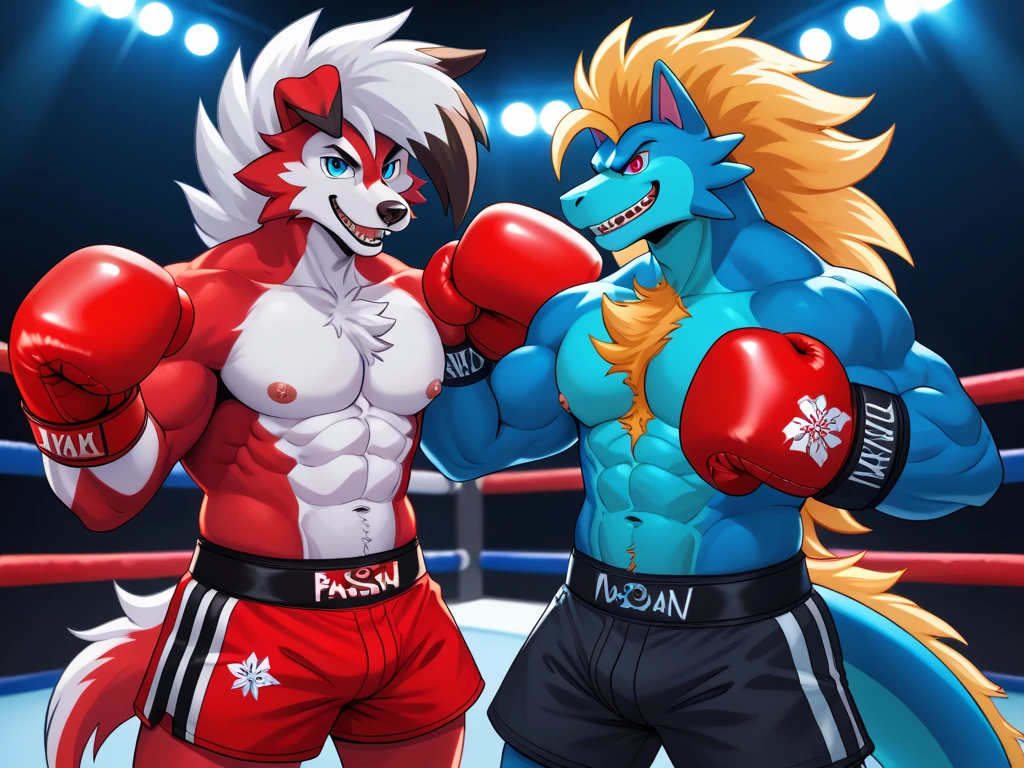eyes with brightness, in a panoramic view, Character focus.(detailedbackground:0.7), 独奏, shaggy, shaggy male, malefocus,(Full Body Furry, Fluffy tail, Blue fur, blue color eyes, blue hairs:1.2),(long canines),spheres,fistfighting,short detailed hair,blue hair,starrysky,Blue fur everywhere,Wolf ears,Wolf type,Big fluffy tail,tmasterpiece,High-quality portraits,shaggy, shaggy male, malefocus, eyes with brightness, in a panoramic view, Character focus,Blue sport shorts,male people,Blue eyes,Naked upper body,adolable,Boxing ring