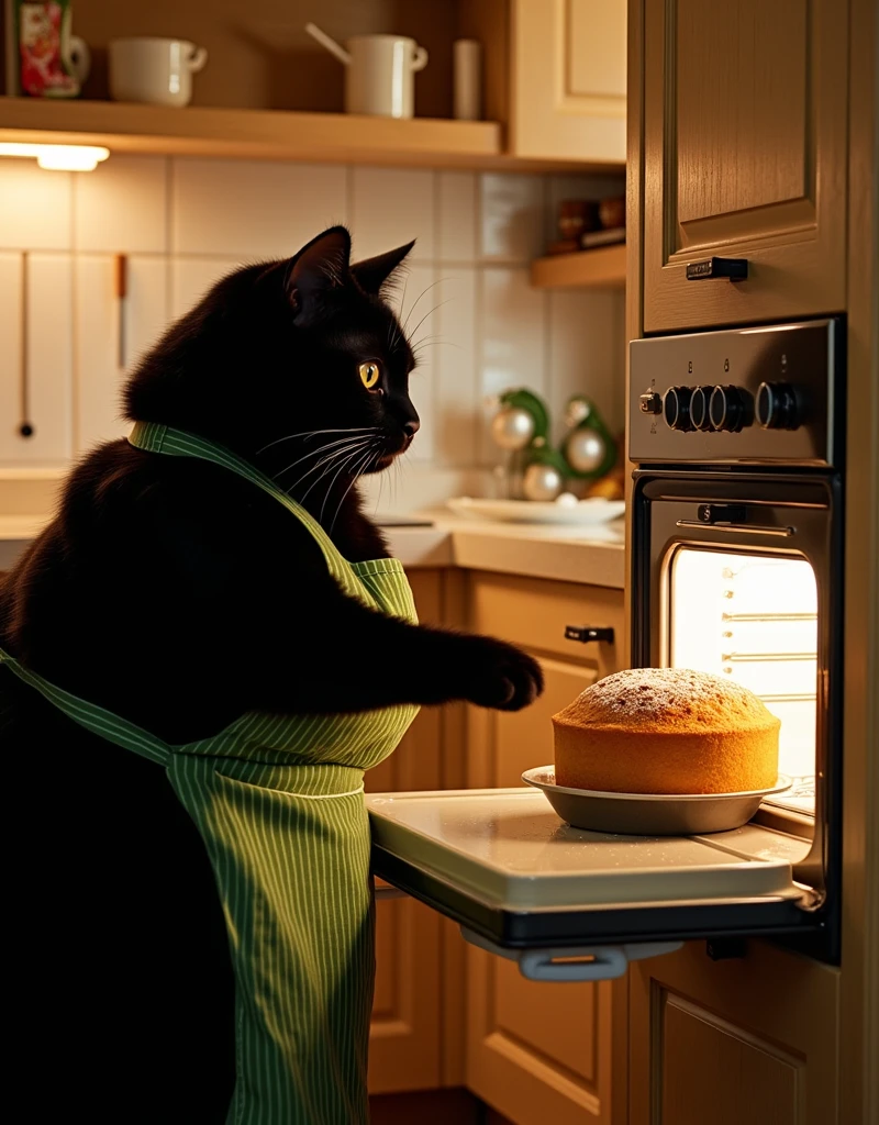 ultra-realistic, photorealistic, dramatic scene, shadow, global-illumination, (the human-like very large black chubby cat with vertical striped green apron is taking a baked sponge cake out from the large oven at the side of the home oven at the home kitchen in the stylish Japanese apartment room), (A beautiful with cute Japanese 20 years old girl is looking at the cake), (20 years old girl with shoulder-length brown ponytail hair is showing big smile), they look so happy, a many kind of cooking tools are in the kitchen, gorgeously decorated with Christmas decorations in the room