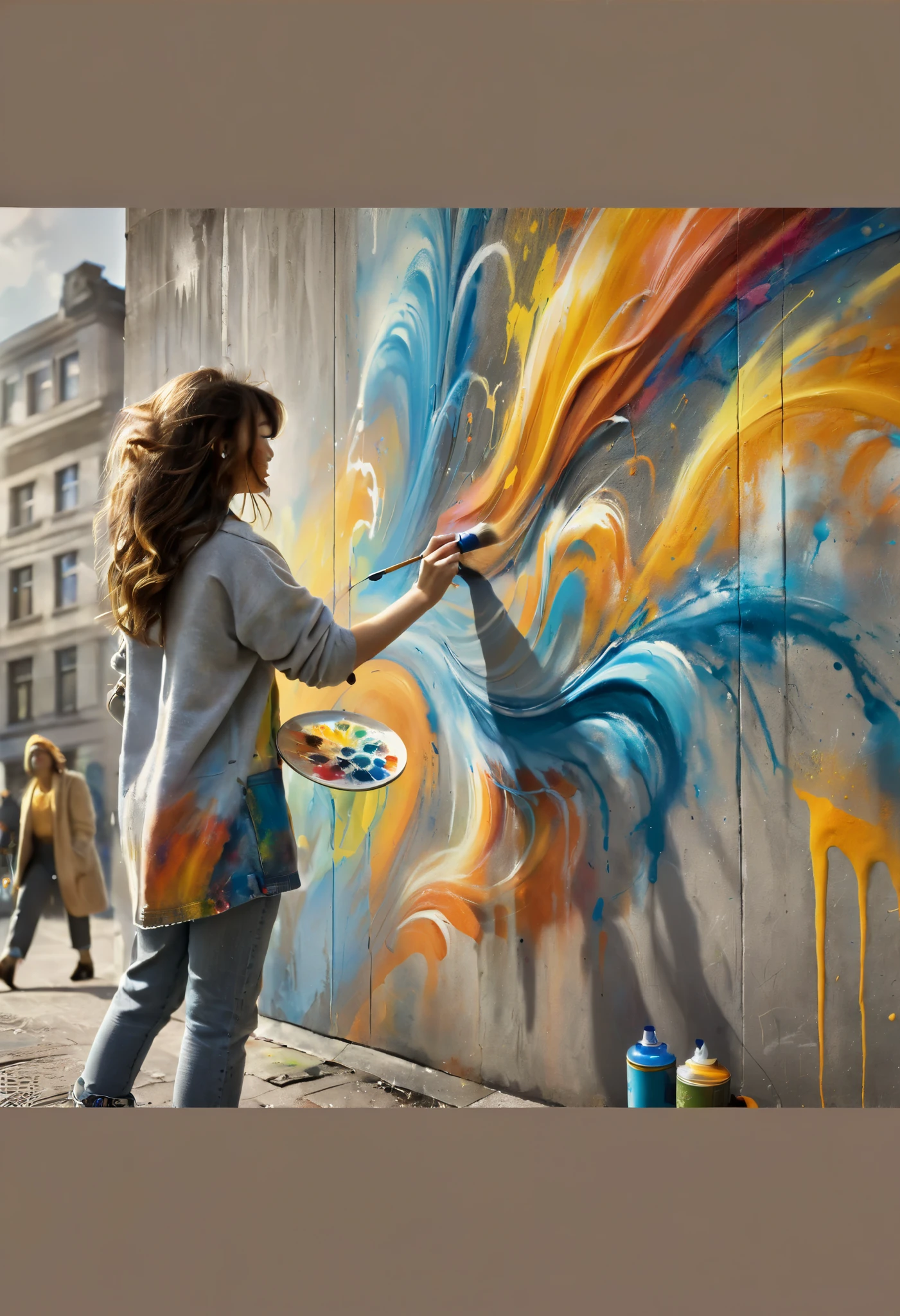 The same young woman begins painting on the gray wall, vibrant swirls of blues, yellows, and oranges appearing under her brush and spray paint. Her clothes now feature splashes of color, reflecting her art. Passersby in the background stop to watch, intrigued. The city begins to feel slightly more alive, with hints of greenery and warm sunlight breaking through the clouds.