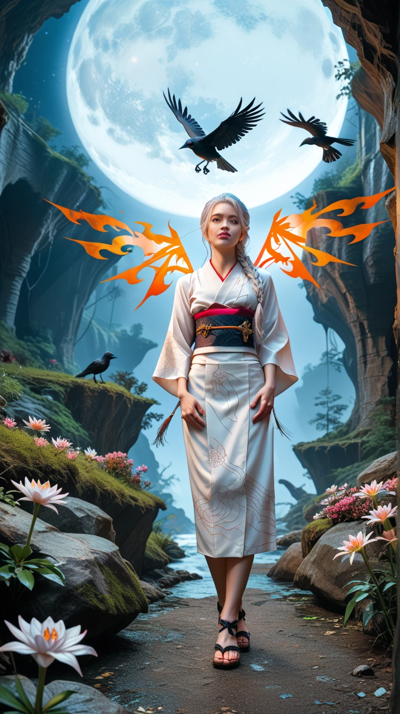  Dreamy Ghosts ， A Bestitute Bone Woman ， Wearing a Gorgeous Japanese Kimono ， Standing in a misty deep forest canyon， Expecting Eyes ， looking ahead，sleeveless_ kimono,Furisode,Heart,clog_ sandals , silver hair,straight_hair, very long hair, Braid Ponytail ,star-shaped_pupils,black_nail, Fiery Wings ,absurd,难以置信的absurd,the huge filesize ,Goro ,Reality,photo, darkness, Science Fiction , anthropomorphism,edge light,Reality, high contrast ,contour_deepen,fantasy,night,canyon,Full Moon,Flowers bloom,Spider Lily,crow,