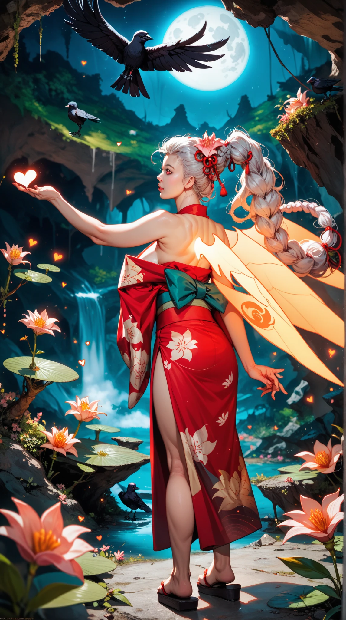  Dreamy Ghosts ， A Bestitute Bone Woman ， Wearing a Gorgeous Japanese Kimono ， Standing in a misty deep forest canyon， Expecting Eyes ， looking ahead，sleeveless_ kimono,Furisode,Heart,clog_ sandals , silver hair,straight_hair, very long hair, Braid Ponytail ,star-shaped_pupils,black_nail, Fiery Wings ,absurd,难以置信的absurd,the huge filesize ,Goro ,Reality,photo, darkness, Science Fiction , anthropomorphism,edge light,Reality, high contrast ,contour_deepen,fantasy,night,canyon,Full Moon,Flowers bloom,Spider Lily,crow,