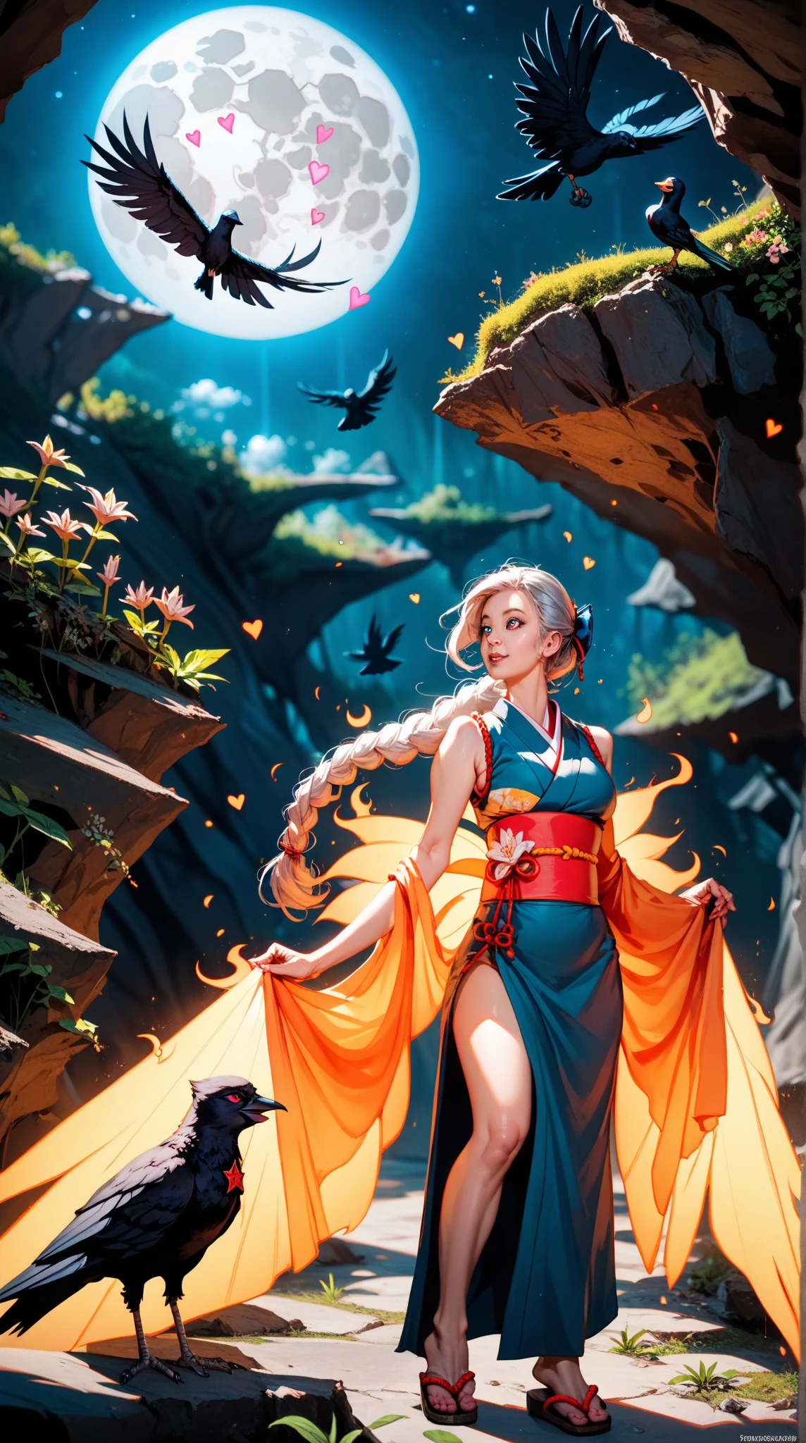  Dreamy Ghosts ， A Bestitute Bone Woman ， Wearing a Gorgeous Japanese Kimono ， Standing in a misty deep forest canyon， Expecting Eyes ， looking ahead，sleeveless_ kimono,Furisode,Heart,clog_ sandals , silver hair,straight_hair, very long hair, Braid Ponytail ,star-shaped_pupils,black_nail, Fiery Wings ,absurd,难以置信的absurd,the huge filesize ,Goro ,Reality,photo, darkness, Science Fiction , anthropomorphism,edge light,Reality, high contrast ,contour_deepen,fantasy,night,canyon,Full Moon,Flowers bloom,Spider Lily,crow,