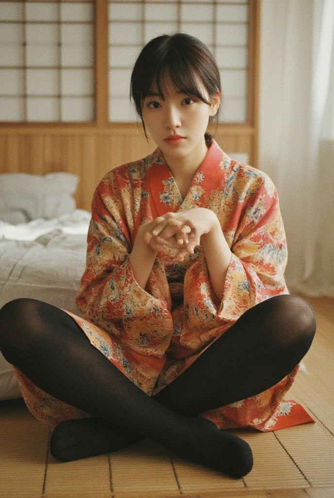 Urzan-6500-v1.1, (RAW Photos:1.2), (Photorealistic), Beautiful details, (Genuine: 1.4), Very detailed目と顔, ((Special Air Oral Yukata:1.3))、((sit on futon:1.2)), Selfie, Instagram、game_Hmph, Large file size, High resolution, Very detailed, Highest quality, [masterpiece:1.6], Awareness-raising, Very detailed, Hmph, In detail, Highest quality, 8k wallpaper, Cinema Lighting, One mature woman, 42 years old, Perfect figure, Cute droopy eyes、Beautiful big eyes、Pieck Finger, ((Tabletop)), Highest quality, eye shadow, Portraiture, ((Full Body Shot:1.4))、(A very loving smile:1.2)、Realistic skin texture、Glowing Skin、Tied up with rope、