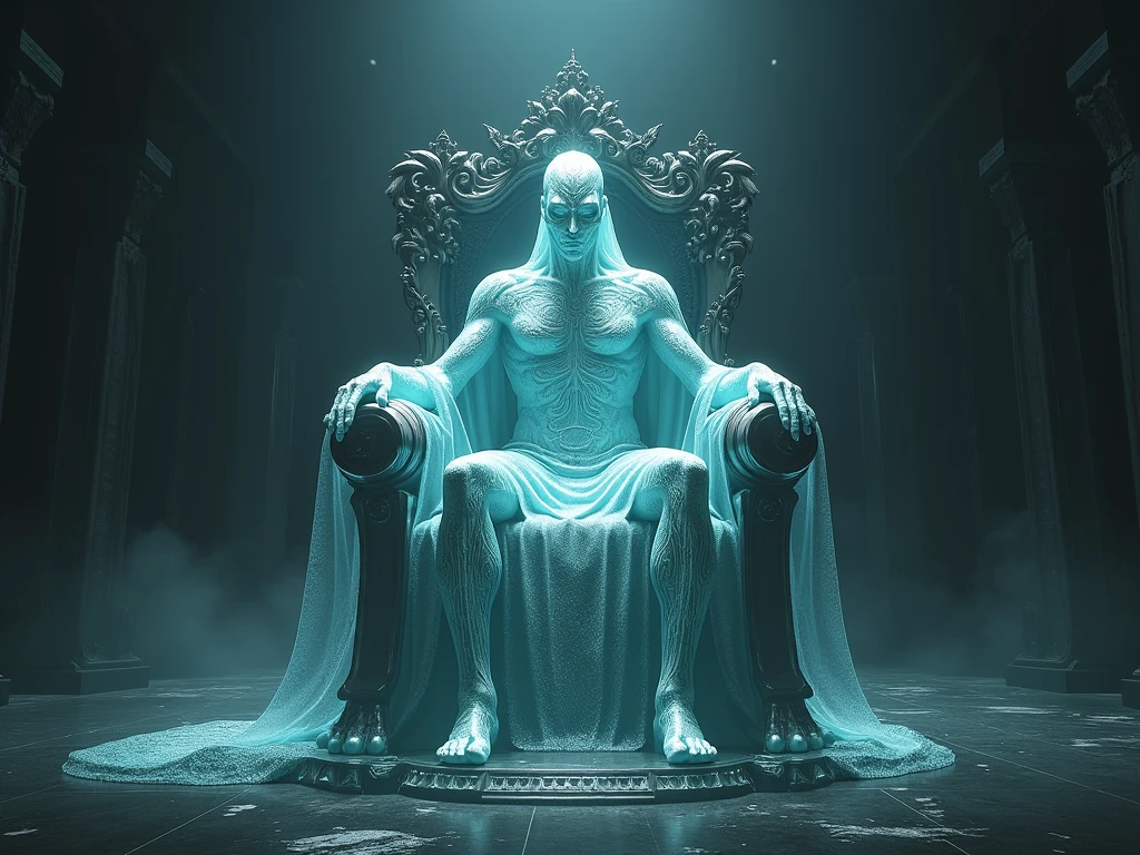 Make a being sitting on a sapphire throne with this neon-shiny sardonyx stone with a man-like body