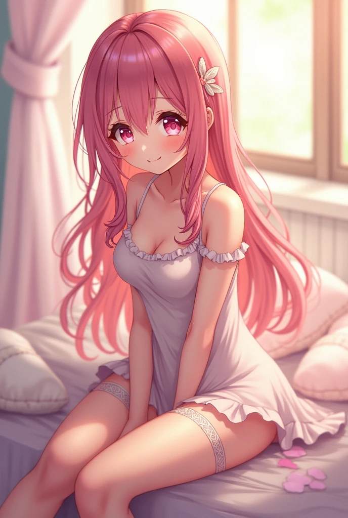 An anime girl on all fours in a bed showing her ass with  in her ass