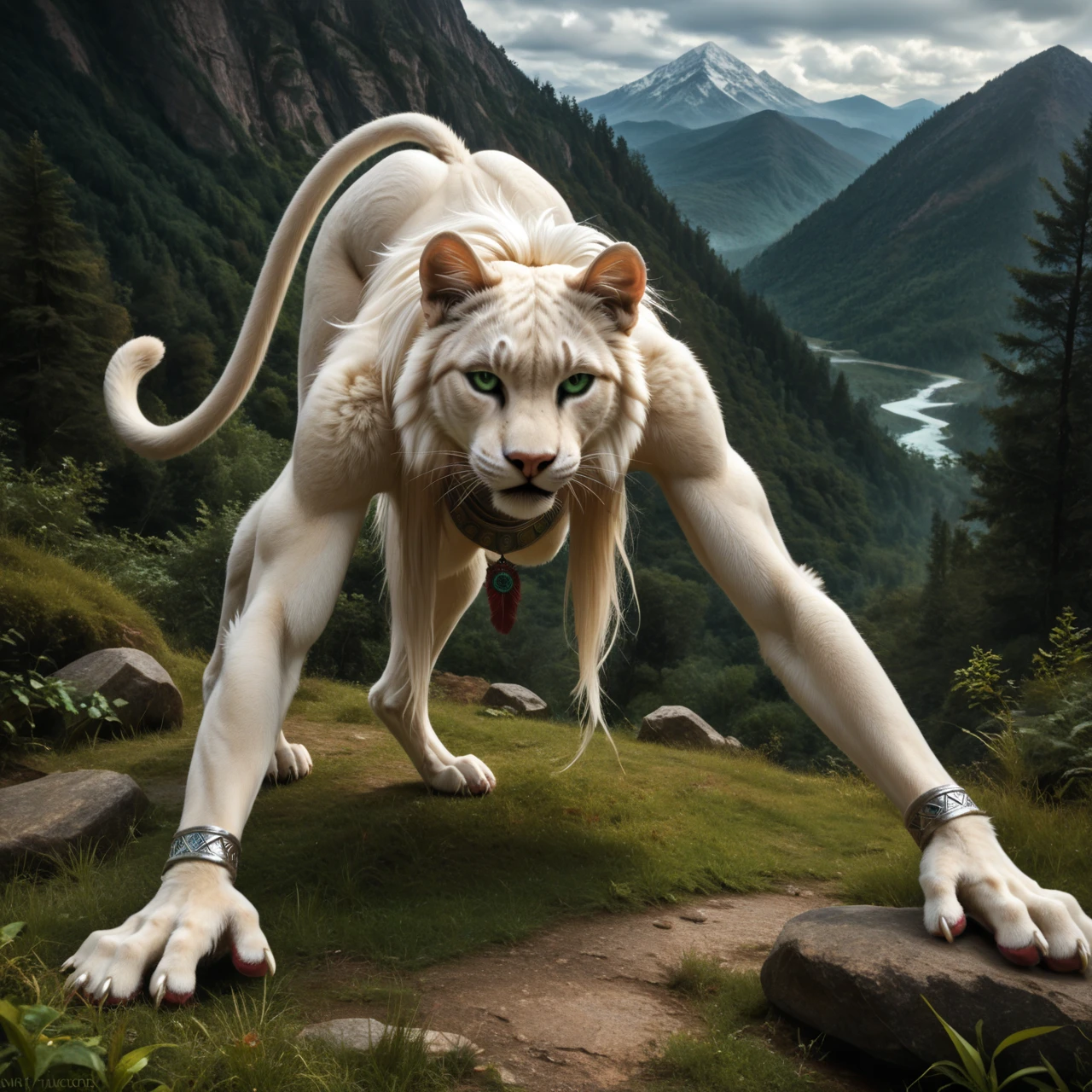 score_9, score_8_up, score_7_up, score_6_up, front view, white panther, female, with mane, indian archer, indian tribal clothing, anthro, felid, feline, handstand, human-like hands, (detailed background), nature, in the high mountains, white fur, (solo), high quality, furred body, paws, handpaw, fluffy, silver bracelets on all legs, silver bracelets on the calf, with claws, silver collar with medallion, intense panther-coat-pattern on the entire body, (detailed eyes, green eyes), slightly muscled, highly detailed, realistic white fur, beautiful, photorealism, photorealistic, dslr, photo, expressive, full body, pawpads, paw pads, dutch angle