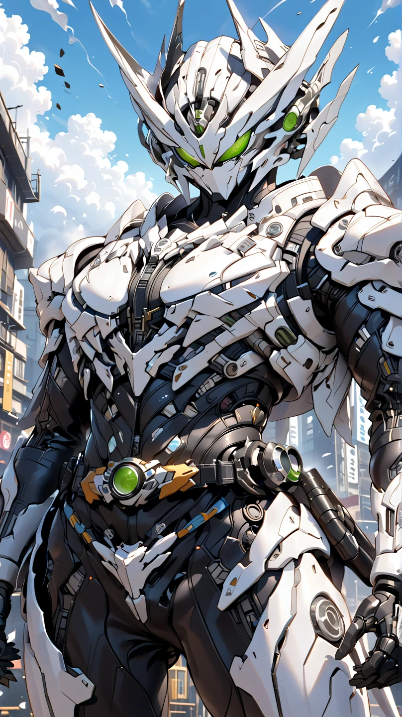 (best quality, 4k, 8k, highres, masterpiece:1.3), extremely detailed armor, (large masterpiece digital art), (detailed manga illustration), ((perfect anatomy)), (intricate details:1.4), (ultra-detailed:1.4), (illustration:1.4), (sharp focus:1.4), dynamic lighting, vivid colors, (masterpiece), (best quality:1.5), light gray and white armor, swirling wind effects around the suit, gusts of air visible, sleek helmet design with aerodynamic features, fortified suit, mechanical parts, bodysuit, plug suit, gloves, thick thighs, toned physique, cyberpunk, 4k resolution, (dynamic pose), swirling clouds in the background, visible air currents, floating debris effects, depth of field focus f/2.8, glowing teal circuitry, trend in ArtStation, trend in CGSociety, art by H.R. Giger, Greg Rutowski, large breasts