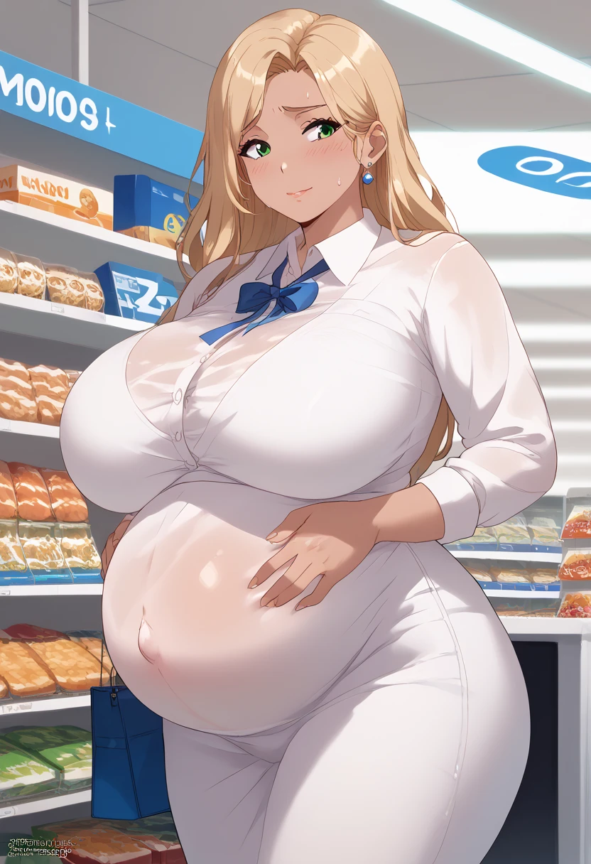 ( High Building、 Detailed Image 、Beautiful pictures、 Official Image )、1girl,  kvinner, bbw, milf, dark-skinned girl ,  pregnant, Long hair, Golden blonde hair,  Green Eyes, Plump body,  gigantic_breasts, improve, Mom, mother,  worried face color ,  occupation, convenience store employee, Standing behind the counter , Put on a convenience store uniform,  Sweat,