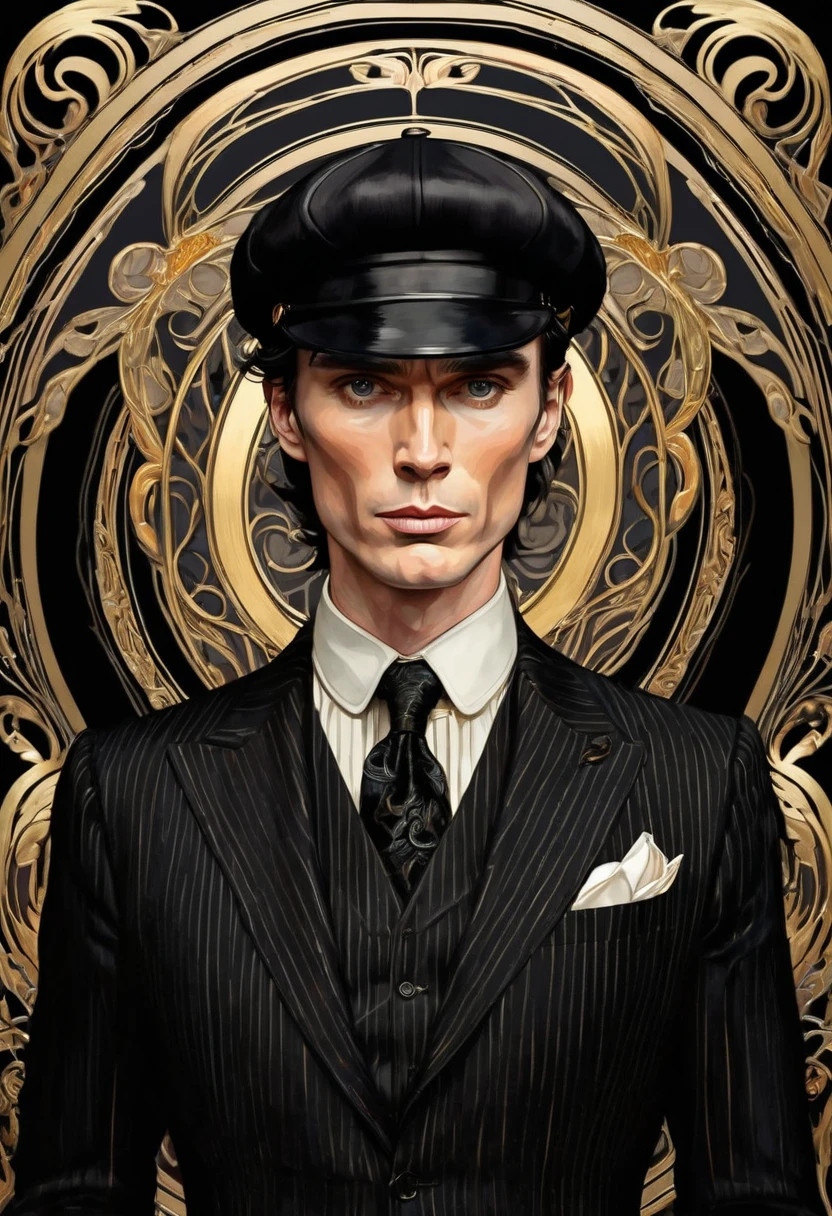 Cillian Murphy,apariencia ruda, and sharp intensity of Cillian Murphy's face.ccxl-mucha, Tomás shelby Art style, retrato,elegant style 1920, British style.mirada de angry,mirada psicopata,rude,enojadoA highly detailed portrait of a man with sharp, confident facial features and a stern expression, dressed in a black pinstripe three-piece suit with a black tie and a gold pocket watch chain. He is wearing a classic black flat cap, emphasizing his vintage, commanding presence. The background is inspired by Art Nouveau, with ornate, flowing patterns, soft floral motifs, and muted earthy tones, complementing the character's dark attire. The lighting subtly highlights his face and the textures of his suit, creating a dramatic and elegant atmosphere. The image captures the same individual, preserving his facial features, posture, and overall demeanor.