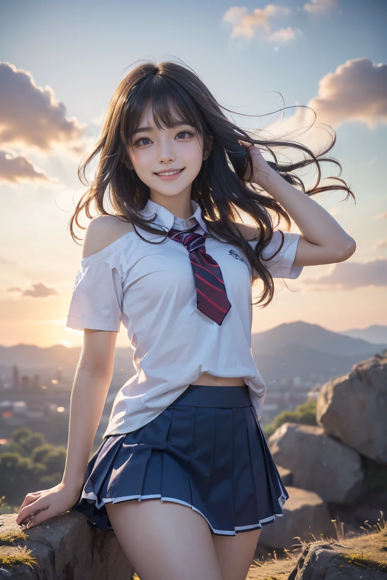 momoko suou (million live), (best quality, 8K, masterpiece, ultra detailed:1.2), dynamic pose, cinematic angle, cowboy shot, light particles, sparkle, beautiful detailed eyes, shiny skin, shiny hair, sunbeam, wide shot, depth of field, backlighting,
sea, sunset, beautiful clouds, gradient sky, contrail, star, midnight, sailing ship, cityscape, skyline,
1girl, solo, skirt, smile, cute, happy, sailor collar, shirt, pleated skirt, layered skirt, short sleeves, school uniform, serafuku, collarbone, ribbon, bow, sitting,