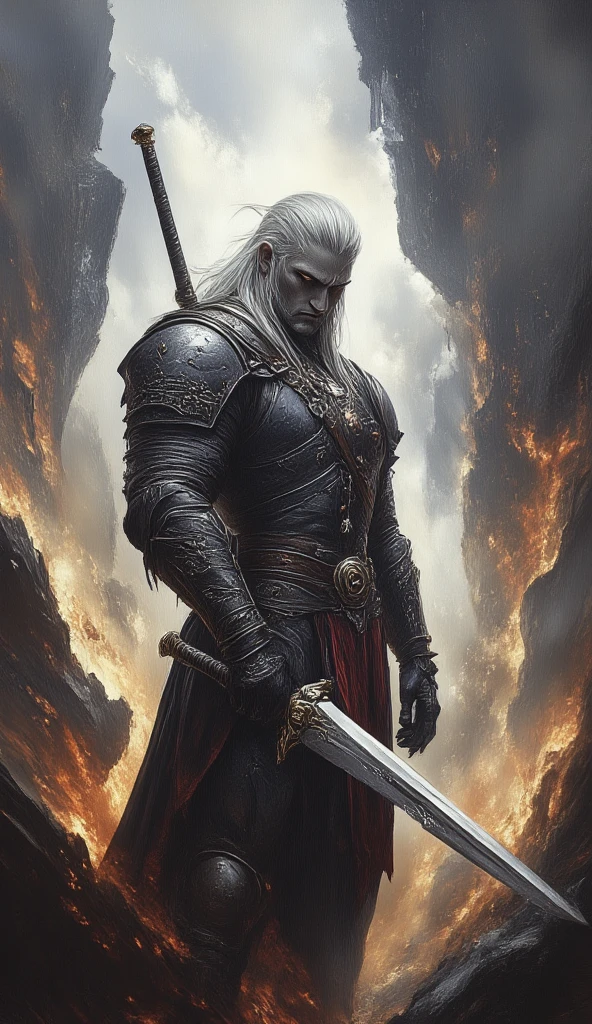 ((best quality)) , ((masterpiece)) , (detailed),weapon, armor, holding, long hair, facial hair, glowing eyes, 1boy, male focus, holding weapon, glowing, sword, outdoors, helmet, braid, teeth, fire, shoulder armor, pants, grey hair, beard, bangs, holding sword, muscular male, white hair,