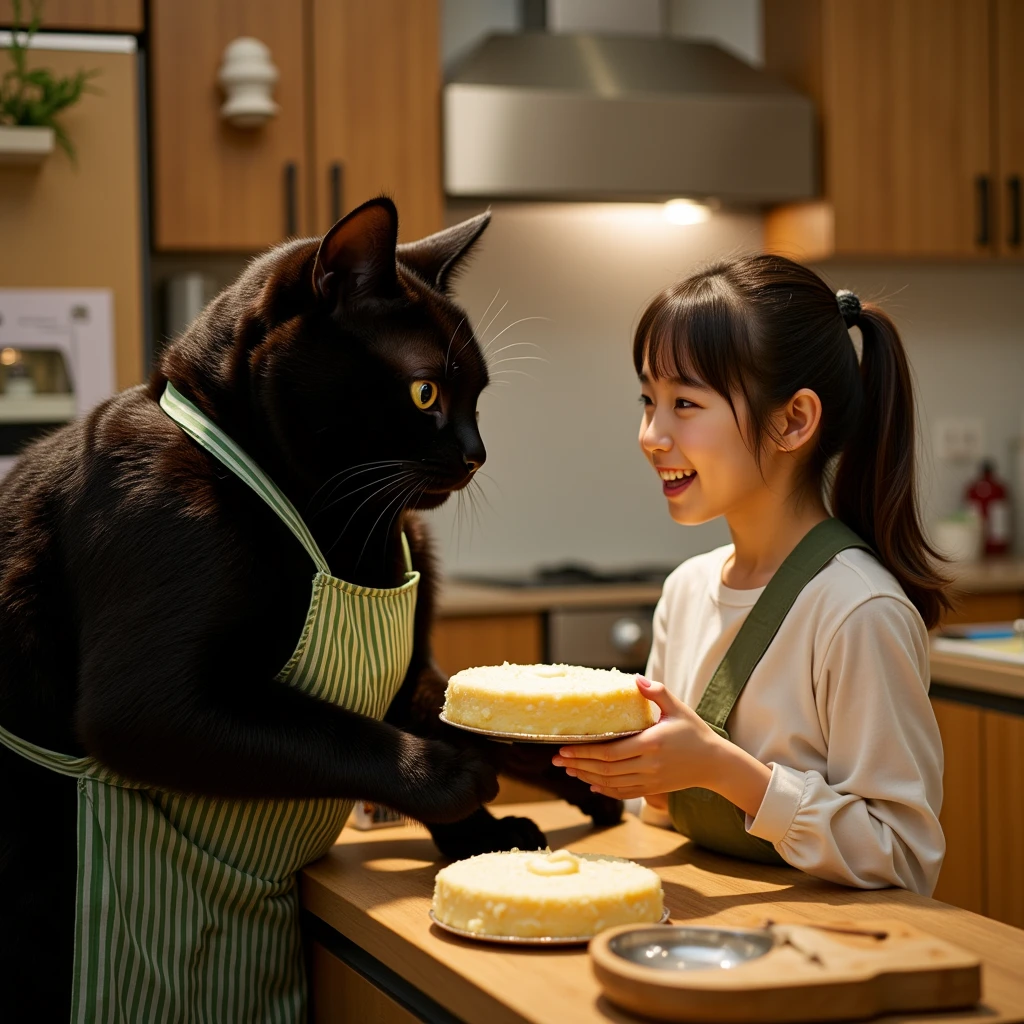 ultra-realistic, photorealistic, dramatic scene, shadow, global-illumination, (the human-like very large black chubby cat with vertical striped green apron is taking a baked plain sponge cake out from the large oven at the side of the home oven at the home kitchen in the stylish Japanese apartment room), (A beautiful with cute Japanese 20 years old girl is looking at the cake), (20 years old girl with shoulder-length brown ponytail hair is showing big smile), they look so happy, a many kind of cooking tools are in the kitchen, gorgeously decorated with Christmas decorations in the room