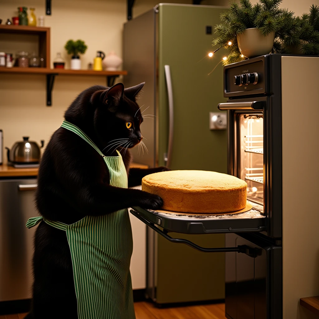 ultra-realistic, photorealistic, dramatic scene, shadow, global-illumination, (the human-like very large black chubby cat with vertical striped green apron is taking a baked plain sponge cake out from the large oven at the side of the home oven at the home kitchen in the stylish Japanese apartment room), (A beautiful with cute Japanese 20 years old girl is looking at the cake), (20 years old girl with shoulder-length brown ponytail hair is showing big smile), they look so happy, a many kind of cooking tools are in the kitchen, gorgeously decorated with Christmas decorations in the room