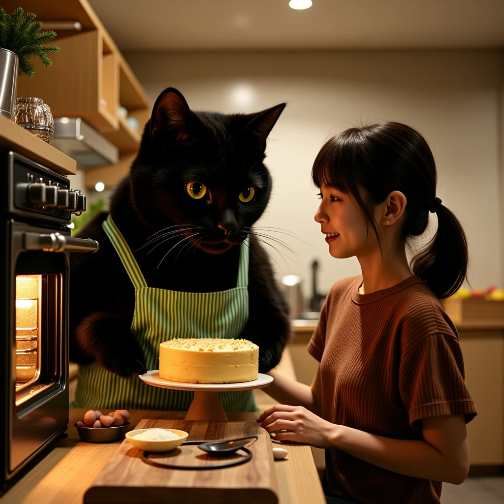 ultra-realistic, photorealistic, dramatic scene, shadow, global-illumination, (the human-like very large black chubby cat with vertical striped green apron is taking a baked plain sponge cake out from the large oven at the side of the home oven at the home kitchen in the stylish Japanese apartment room), (A beautiful with cute Japanese 20 years old girl is looking at the cake), (20 years old girl with shoulder-length brown ponytail hair is showing big smile), they look so happy, a many kind of cooking tools are in the kitchen, gorgeously decorated with Christmas decorations in the room