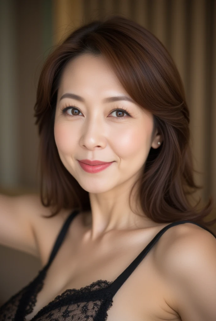 Mature Woman, ( Detailed description of the hair), (Detailed description of the face), (Detailed description of the body), High Definition , masterpiece,  top quality ,  High Details , formal: 1.4), ( realistic : 1.2, 超 realistic な: 1.1,  realistic: 1.37), ( sharp focus : 1.4),  depth of field,  physical base rendering ,  wavy hair , ,  unrivaled beauty , (Ultimate beauty), (lipstick:1.1), ( eyeliner :1.2), ( mascara), ( eyeshadow), (48 years old,: 1.4), Japanese、 closeup 、 fine lines of laughter :1.2、seductive smile,(black x lace half cup bra ＆ high leg shorts )、blurry background、(smile),