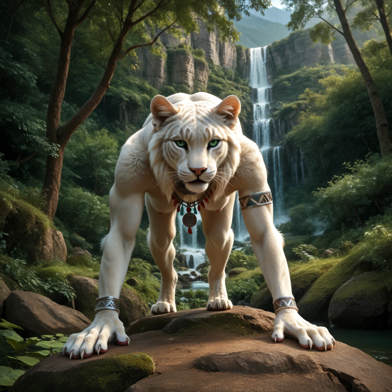 score_9, score_8_up, score_7_up, score_6_up, front view, white panther, female, with mane, indian archer, indian tribal clothing, anthro, felid, feline, handstand, legs up, human-like hands, (detailed background), nature, in the high mountains, white fur, (solo), high quality, furred body, paws, handpaw, fluffy, silver bracelets on all legs, silver bracelets on the calf, with claws, silver collar with medallion, intense panther-coat-pattern on the entire body, (detailed eyes, green eyes), slightly muscled, highly detailed, realistic white fur, beautiful, photorealism, photorealistic, dslr, photo, expressive, full body, pawpads, paw pads, dutch angle