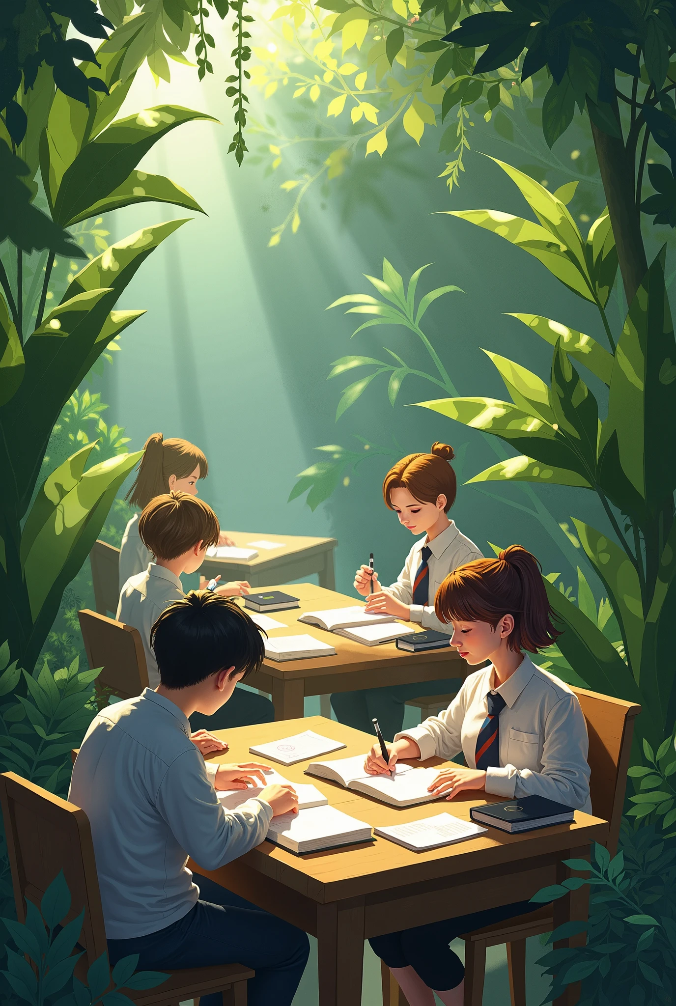 There are three children sitting at a table writing in a forest - SeaArt AI