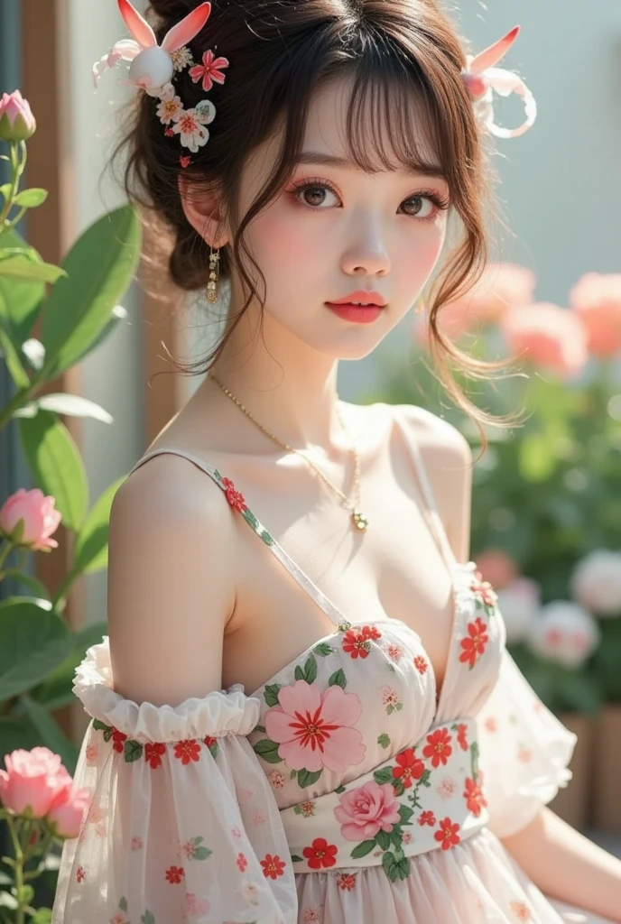 In a lush indoor garden、 Japanese woman wearing a floral sheer top、 close-up with breasts and soft flowers in the background、 creates harmony between nature and beauty。