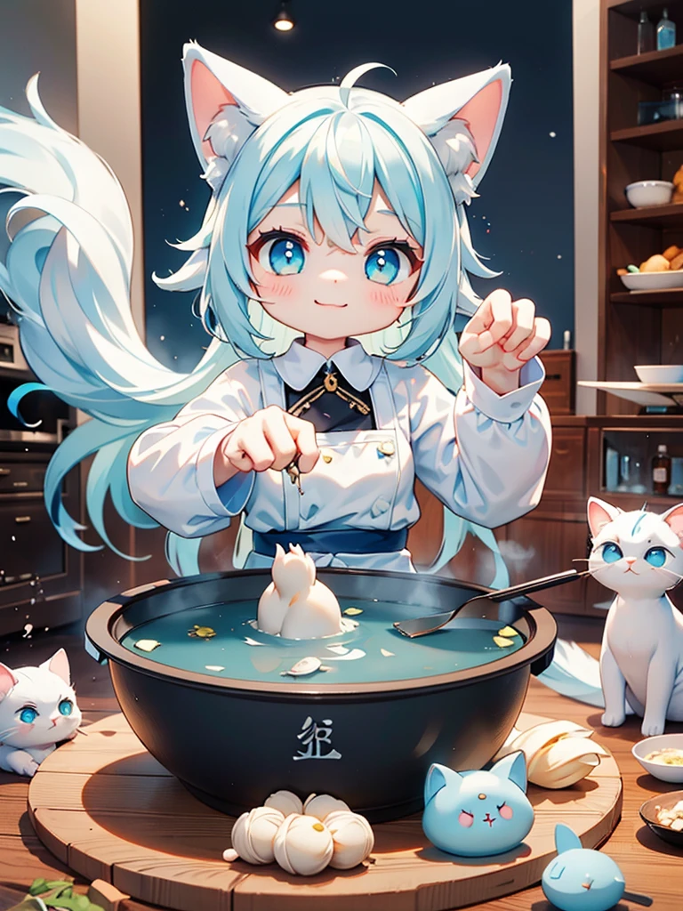 Siamese cat、kitten、 white and gray body hair cutting through meat、 paw paw in the forefoot that is being prepared、smile、 cyan blue apron on the table、 hot pot dishes、