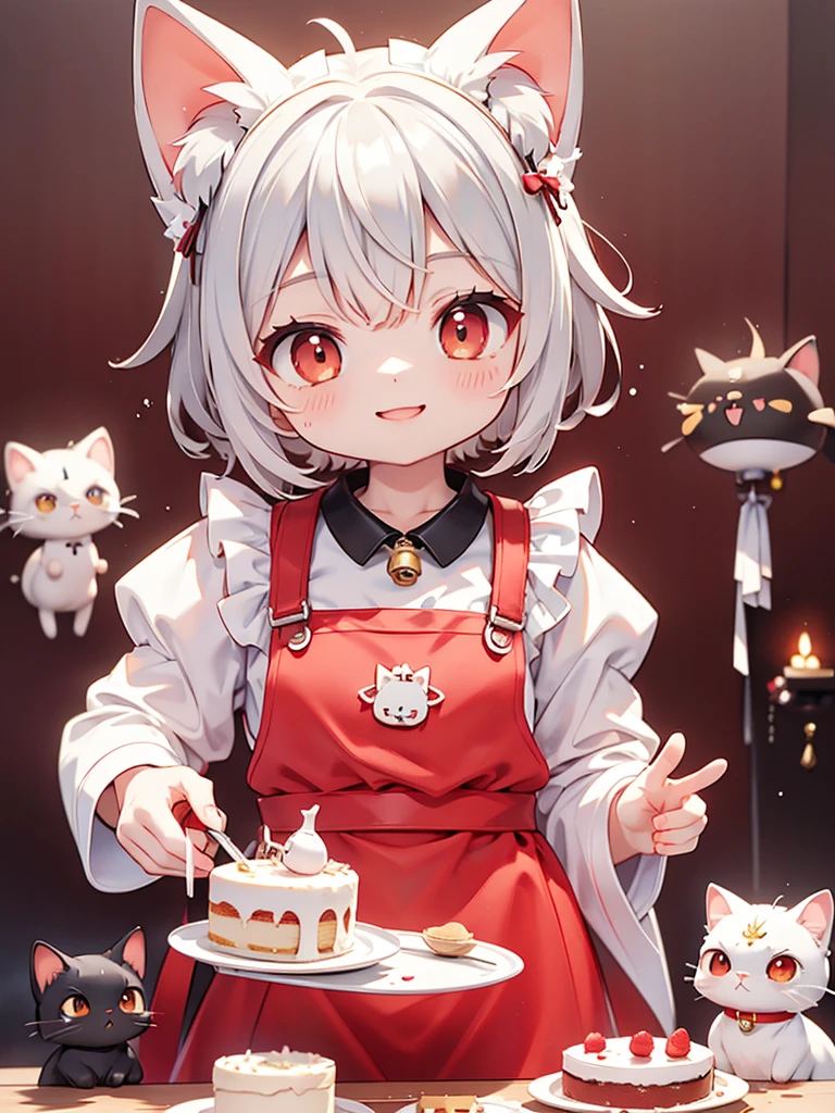 Siamese cat、kitten、 white and gray body hair cutting through meat、Making a cake、Red apron 、Smile、Red collar、 has a bell attached to the collar、