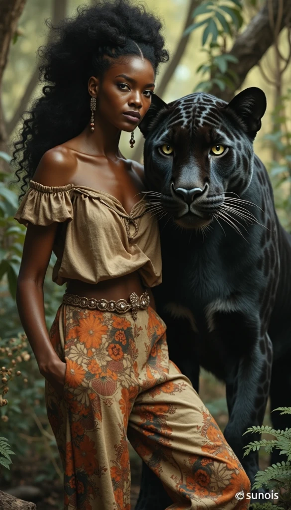 In high quality, a work of art. 8k beautiful light black woman, expressive face, very light green eyes, red mouth, marked makeup, short curly black hair, colorful scarf, tribal jewelry, majestic presence, African savanna scene, sun on the coast, earrings with red stones, necklaces colorful, typical dress from the African savanna hugging a large Black Panther, (((viewed from a dynamic perspective))), African savannah background, trees and detailed vegetation, impressive image, Nikon D7000 camera, 35mm lens, f11, speed 250sec. UHD.