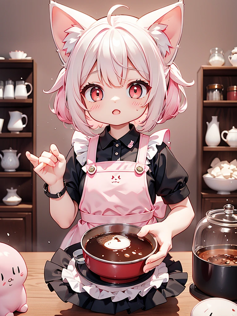 Siamese cat、kitten、 white and gray body hair cutting through meat、 is brewing coffee、LOL、 pink apron 、 collar with a red bell、Canned food on the table、