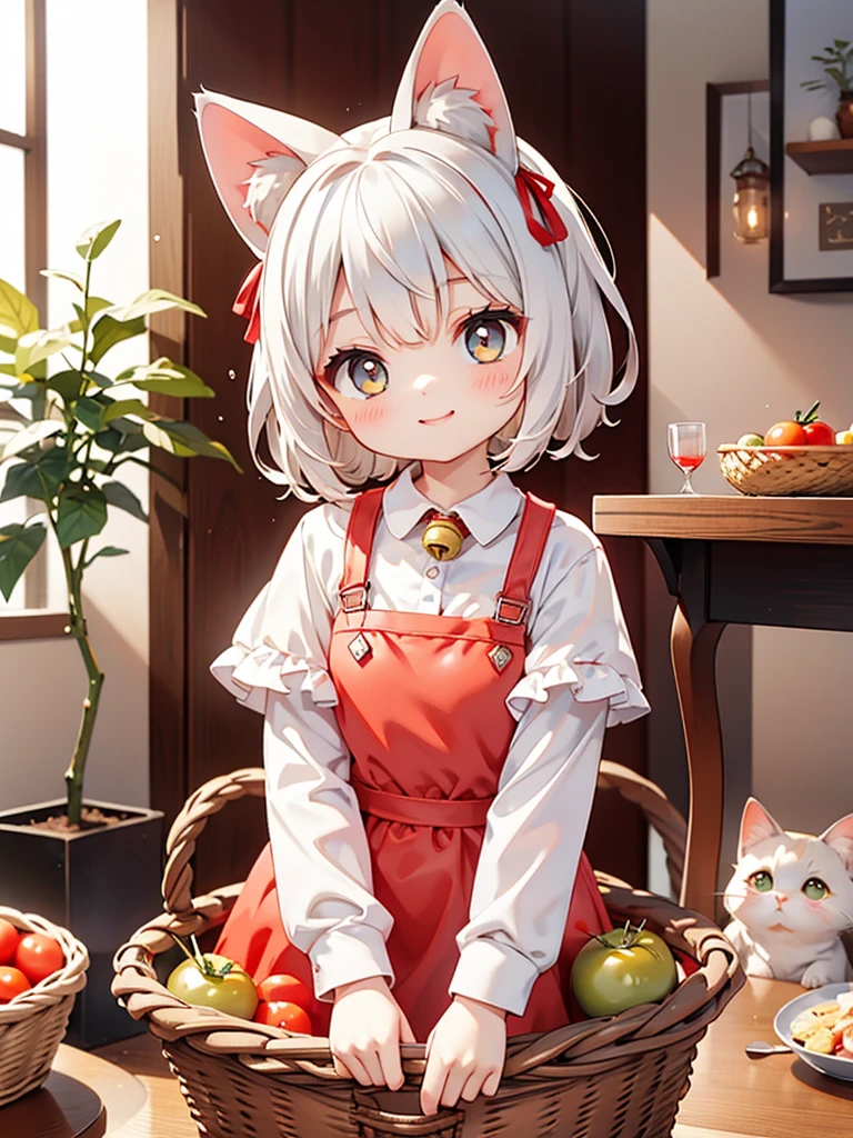 Siamese cat、kitten、 white and gray body hair cutting through meat、 drinking tomato juice、Tomatoes in a basket on the table 、smile、 collar with a red bell、