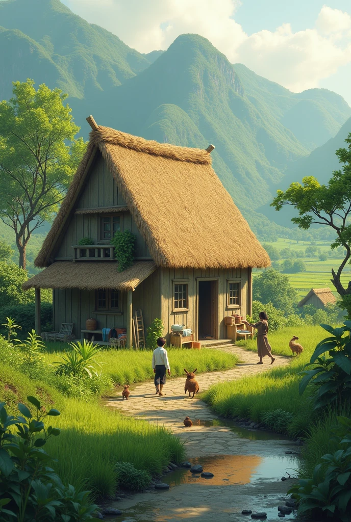 Chinese lunar solar terms:Heat rush。Small children in the shade of trees,Eat watermelon on the mattress,The kitten lay lazily on its belly next to it,Grandma fanned on the side。There are a few small birds stopping and jumping above the tree,In the thatched hut, the mother came out of the thatched curtain。