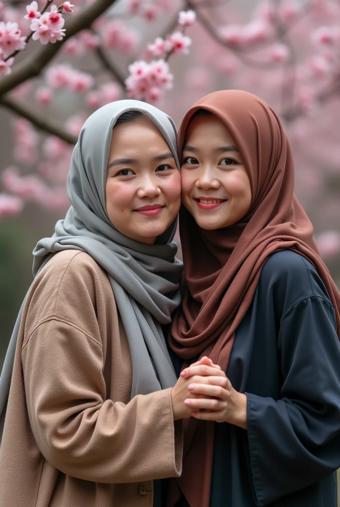 A young Victorian girl, around 23 years old, very beautiful, wearing a pink hijab, blue eyes, was hugged by a young Asian man from behind. Smiling, intimate, romantic. wearing simple clothes. It was in the library in the English mansion.