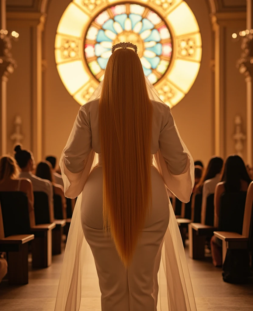 A confident Nicki Minaj with striking golden hair that stop right before her ass, jewelry, wearing a divine goddess white suit, Nicki Minaj is seen from behind, Nicki is facing the opposite direction of the camera, face is not visible, ass focus, showing her ass to the camera. Nicki is the priestess of a church, Nicki is located on the slightly elevated altar of the church, (((Nicki is far from the camera))). The photo is took from the entrance of the church, showing all the church devotees kneeled that are praying to Nicki Minaj. The image is captured in a raw, unfiltered style with the Nikon Z8, highlighting the natural textures and rich detail in Nicki hair and clothing. Lights gets into the church behind Nicki from the big coloured rose window.
