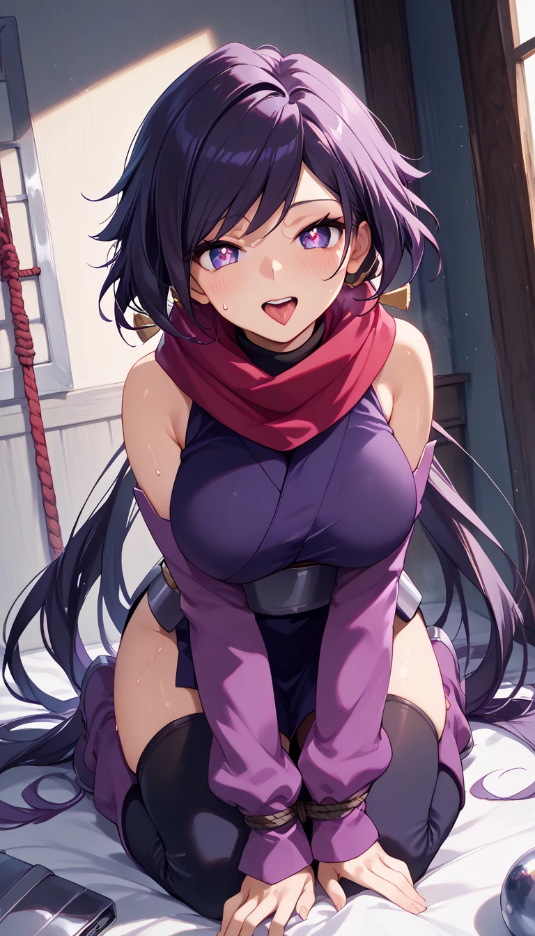    One Girl   ，iris ，   Kunoichi，紺色の髪，     PURPLE EYES，  ninja costume(   Red Scarf  ，Deep purple kimono，   sleeveless  ，Big Breasts，light purple arm covers，    Black Knee High   ，purple long boots  ，)，   is opening her mouth，   sticking out the tongue   ，，   sigh，  Swollen eyes ，   heart shaped eyes，sweat， teeth，seiza，Bondage， arms behind body ， is restrained by a rope ，masterpiece