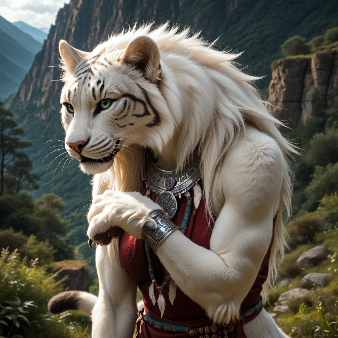 score_9, score_8_up, score_7_up, score_6_up, white panther, female, with mane, indian archer, indian tribal clothing, anthro, felid, feline, stands upright on his hands, human-like hands, (detailed background), nature, in the high mountains, white fur, (solo), high quality, furred body, paws, handpaw, fluffy, silver bracelets on all legs, silver bracelets on the calf, with claws, silver collar with medallion, intense panther-coat-pattern on the entire body, (detailed eyes, green eyes), slightly muscled, highly detailed, realistic white fur, beautiful, photorealism, photorealistic, dslr, photo, expressive, full body, pawpads, paw pads, dutch angle