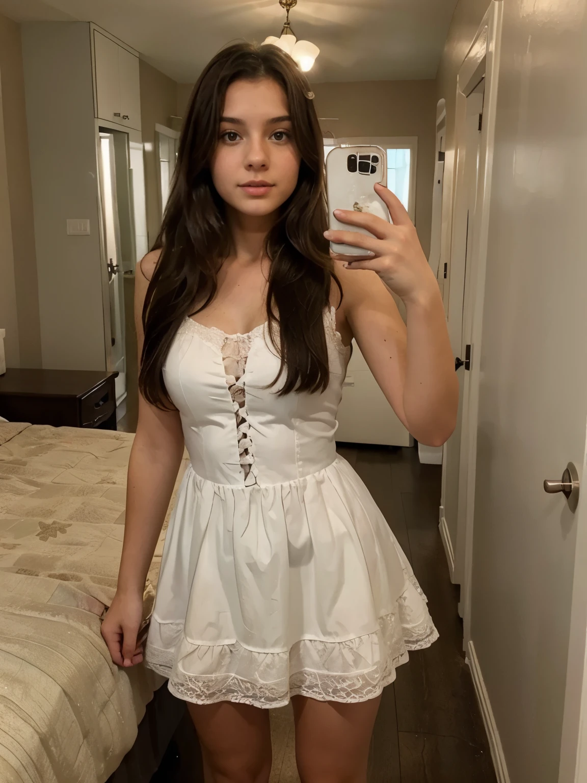 A woman is taking a picture of herself in the mirror, 18-year-old, 1 8 is, Posing in the bedroom, Beautiful silk dress, white silk costume, 22 years old, Wearing a nightgown, Sitting on the bed, 21 years old, Sitting on the bed, Sitting on the bed, Posing in bed, Petra Collins style