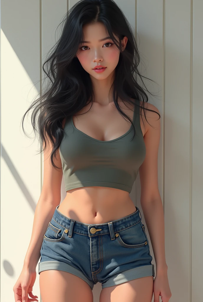(lifelike, high - resolution:1.3), 1 indonesian girl with a perfect body, Super fine face and eyes,slong hair, Tank top of random colors:1.2, short jeans, big boob,Expose cleavage