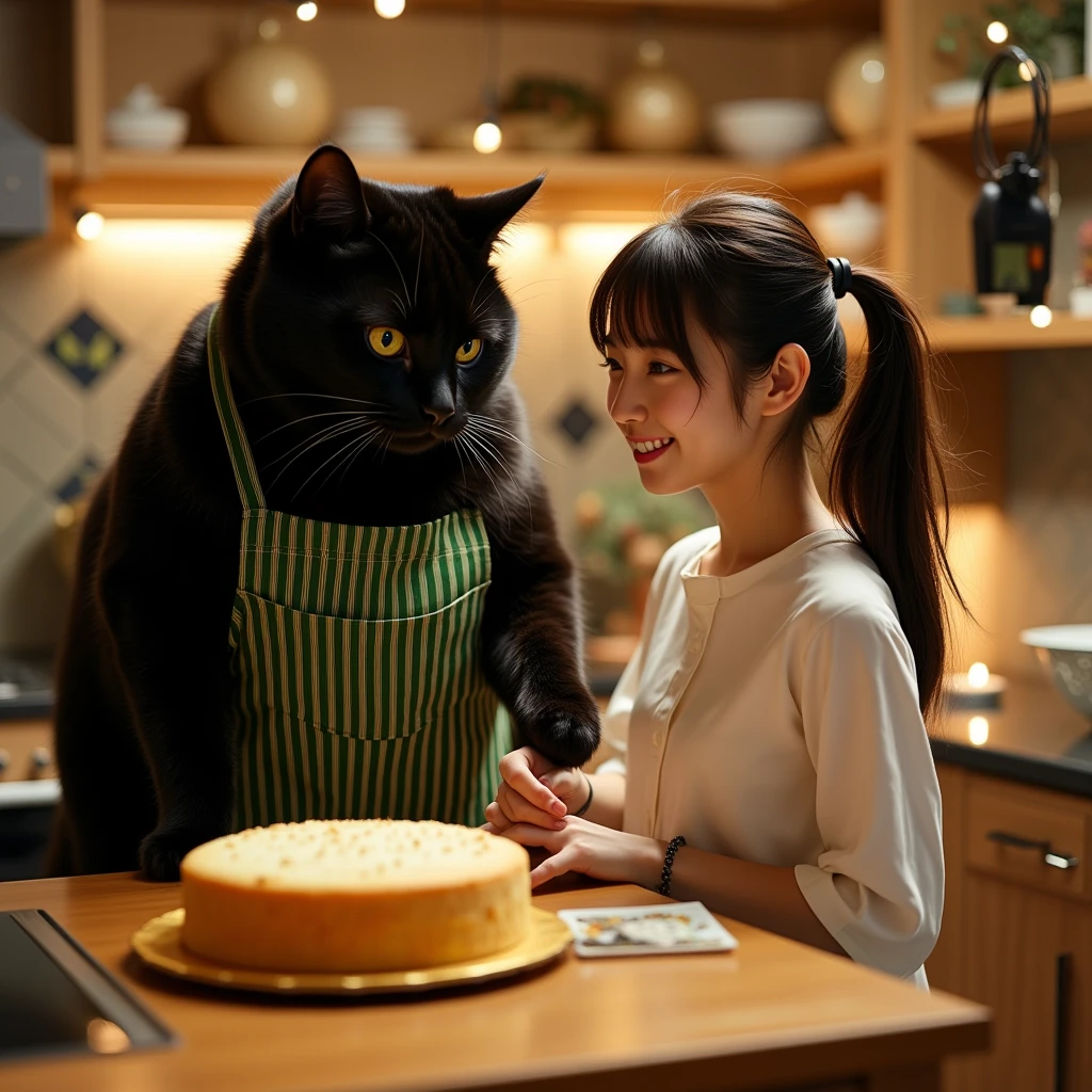 ultra-realistic, photorealistic, dramatic scene, shadow, global-illumination, (the human-like very large black chubby cat with vertical striped green apron is taking a baked plain sponge cake out from the large oven at the home kitchen in the stylish Japanese apartment room), (A beautiful with cute Japanese 20 years old girl is looking at the cake), (20 years old girl with shoulder-length brown ponytail hair is showing big smile), they look so happy, a many kind of cooking tools are in the kitchen, gorgeously decorated with Christmas decorations in the room