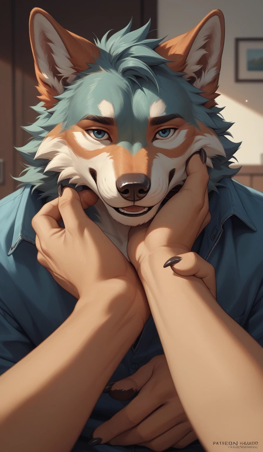 Furry art, feral, furred dragon, female, white and blue fur, wings, big ears, horns, chest fluff, paws, teeth, fangs, blind, faded eyes, faded irises, quadruped, wearing hoodie, black hoodie, blowjob, deepthroat, penis in mouth, cum, cum in mouth, cum on face, human male, human penis, close up on blowjob