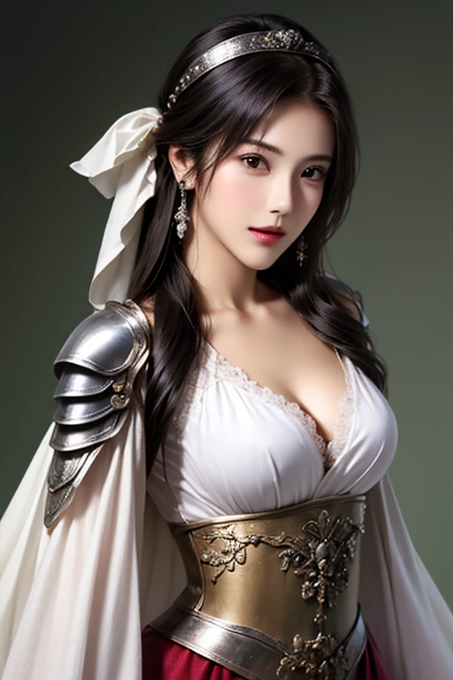 ((The upper body of a female warrior wearing silver and white armor and a cloak:1.3)),1 person,  black hair,  belly shortcut   ,Big breasts and cleavage,  high-definition face and skin texture  ,  staring at the camera,   Chinese Warrior:1.2,  perfect beauty: 1.4, fine grain,  double eyelids in a judo suit ,  whitening for women with bristles, top quality ,  super high res ,  simple background，Symmetrical Normal Eyes   , hair accessories, Slim Waist ,