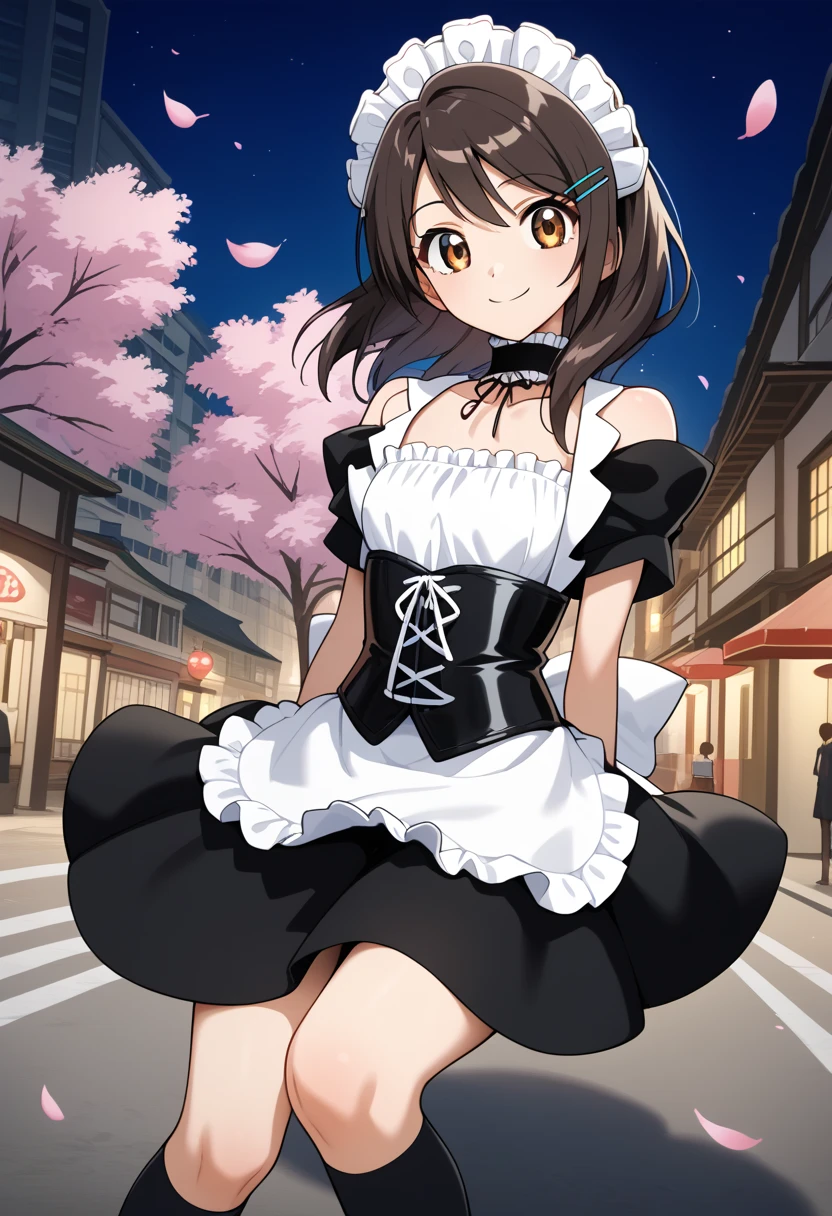 score_9, score_8_ up, score_7_ up, score_6_ up, score_5_ up, score_4_ up,  Source_Anime, Don't trust me,  medium hair, Brown Hair, Maid headdress,  hair clip,  brown eyes, chest, Maid, frilled choker,  off-shoulder,  black dress,  WHITE CORSET,  white apron ,  black knee-highs,  turn her arms around her back,  outdoors on the street at night,   open mouse over P, cherry blossoms, smile, city, road、 knees slightly above、 panties、 white panties