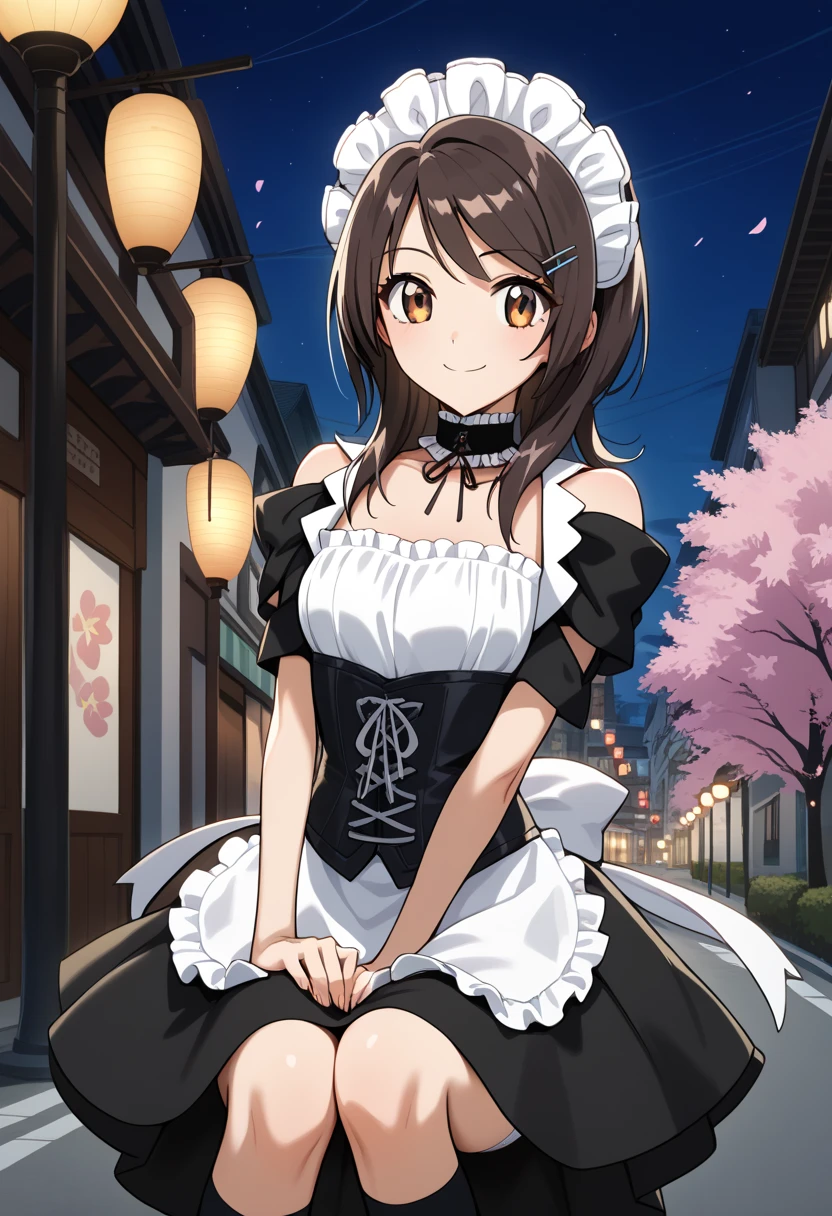 score_9, score_8_ up, score_7_ up, score_6_ up, score_5_ up, score_4_ up,  Source_Anime, Don't trust me,  medium hair, Brown Hair, Maid headdress,  hair clip,  brown eyes, chest, Maid, frilled choker,  off-shoulder,  black dress,  WHITE CORSET,  white apron ,  black knee-highs,  turn her arms around her back,  outdoors on the street at night,   open mouse over P, cherry blossoms, smile, city, road、 knees slightly above、 panties、 white panties