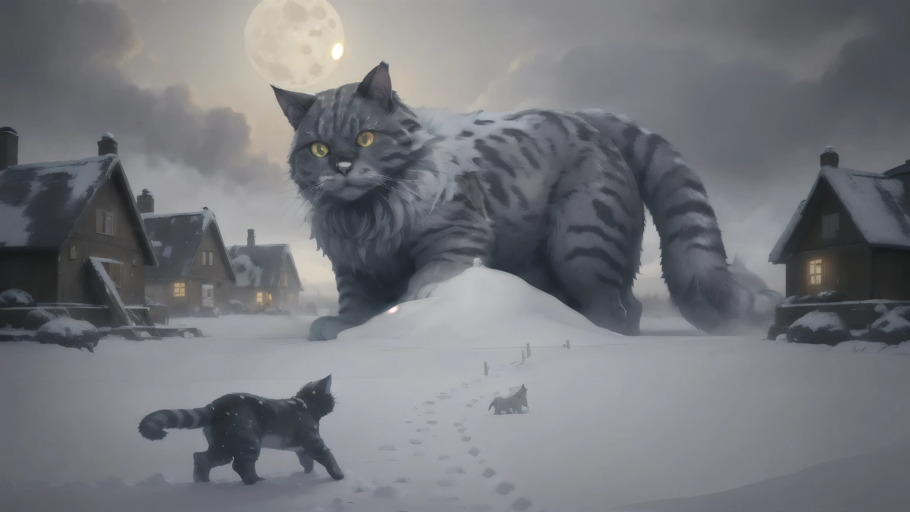  Jurcat 2023  , (((1 giant cat  ))), moon, knight , Small village,  monsters, snowy houses, Shining Eyes, 8k,  super high res , top quality,  is popular at art stations, masterpiece, Raw Image, Other Worlds  ,  horror \(theme\), Field Division  ,  monsterss, A cat, fog, snow,