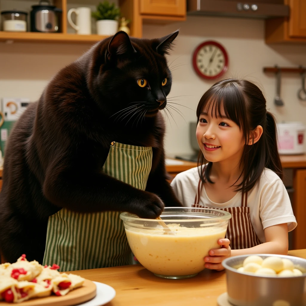 ultra-realistic, photorealistic, dramatic scene, shadow, global-illumination, (the human-like very large black chubby cat with vertical striped green apron is mixing the ingredients for the sponge cake in a bowl at the home kitchen in the stylish Japanese apartment room), (A beautiful with cute Japanese 20 years old girl is looking at the bowl), (20 years old girl with shoulder-length brown ponytail hair is showing big smile), they look so happy, a many kind of cooking tools are in the kitchen, gorgeously decorated with Christmas decorations in the room