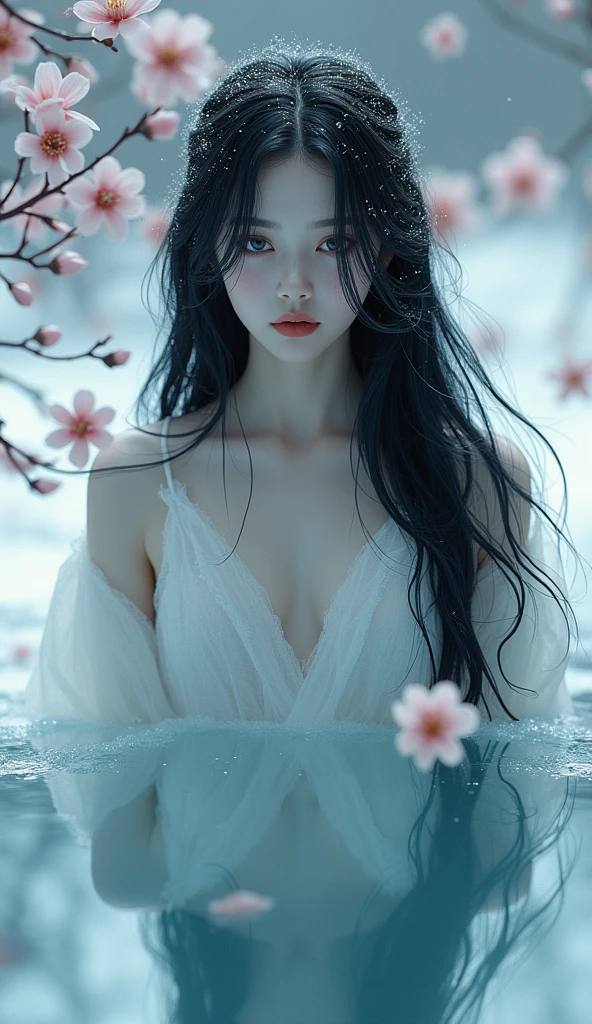 shanze, black hair, 1girl, petals, long hair, water, solo, partially submerged, flower, traditional media,
high quality,