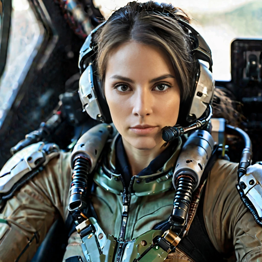 Highly detailed photo of a Women, SF soldier, 30yo, (Mech warrior of women mercenary, (body armor on bodysuit)), sitting like a queen, Stately and dignified, Very dissatisfied look, (headset, Powerful and beautiful eyes, 8K Ultra HD, Original photo, Model Photoshoot, Detailed skin, Skin imperfections, Photographed from directly in front, ((Female pilot sitting at the cockpit of Mech), Looking into the camera), upper body)