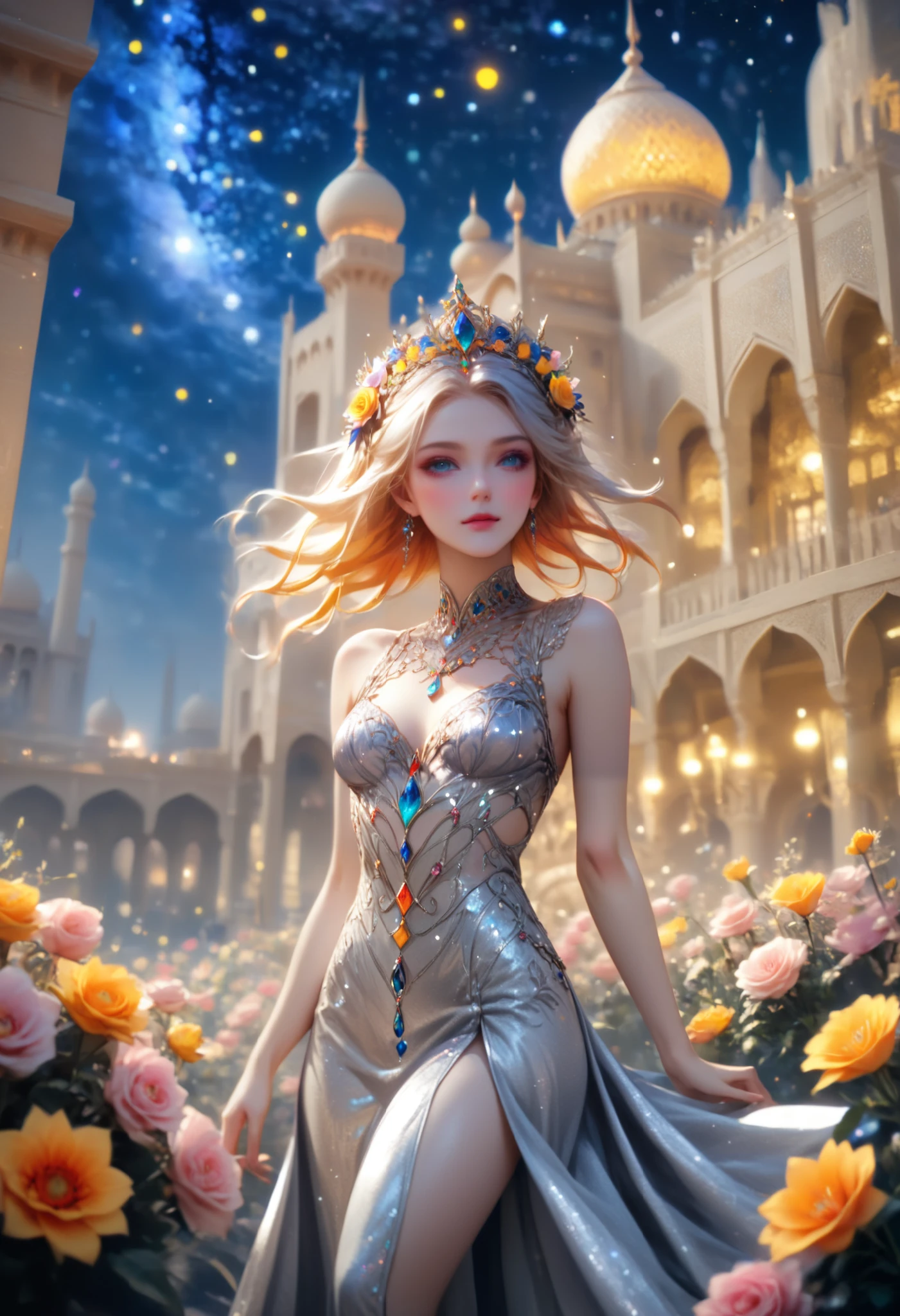 anime,  silver dress ,  Beautiful hair ,  Perfect anatomy, decorations,  flower clip, bow, Baghdad Palaces background , Flower colors ,  starry night , stars, bright colors,  masterpiece fails, 8 k,  maximum quality,  better quality ,  intricate details, 