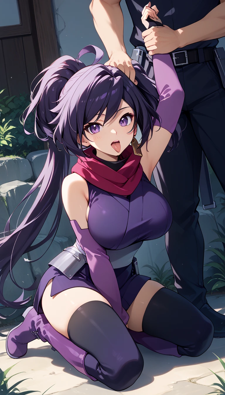    One Girl   ，iris ，   Kunoichi，紺色の髪，     PURPLE EYES，  ninja costume(   Red Scarf  ，Deep purple kimono，   sleeveless  ，Big Breasts，light purple arm covers，    Black Knee High   ，purple long boots  ，)，   is opening her mouth，   sticking out the tongue   ，   sigh，Ahe facial sweat ，  kneeling， arm up ， holding both arms by a man behind，Outdoor，masterpiece