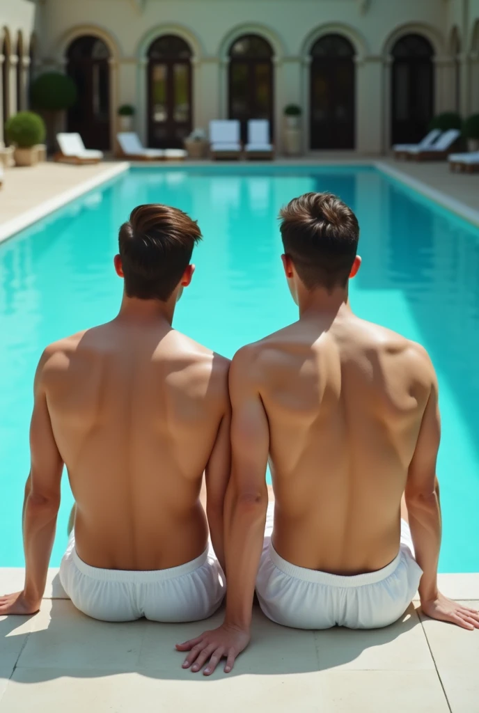 Two 18 year old boys bathing in a fountain in their white underwear, they are standing playing with the water there is a lot of water coming out of the fountain their body is full of taste