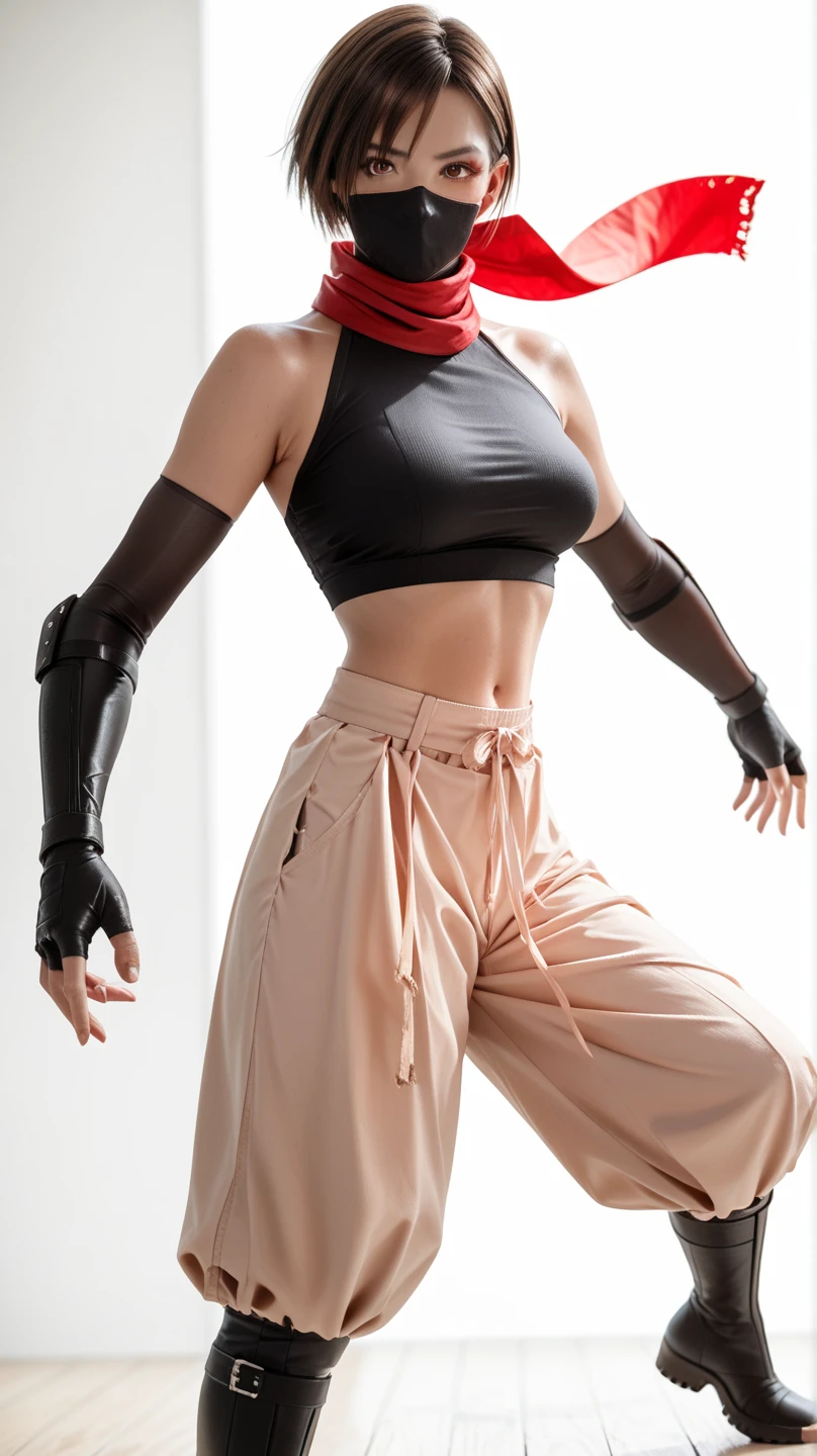 1girl, DOALisa, short hair, brown hair, white-skinned female, ninja clothes, mouth mask, ninja mask, red scarf, black crop top, halterneck, bare shoulders, navel, elbow gloves, fingerless gloves, red harem pants, torn gray skirt, ninja boots, standing on the floor, show arm put, put two arm in the air kuji-in, look at the viewer