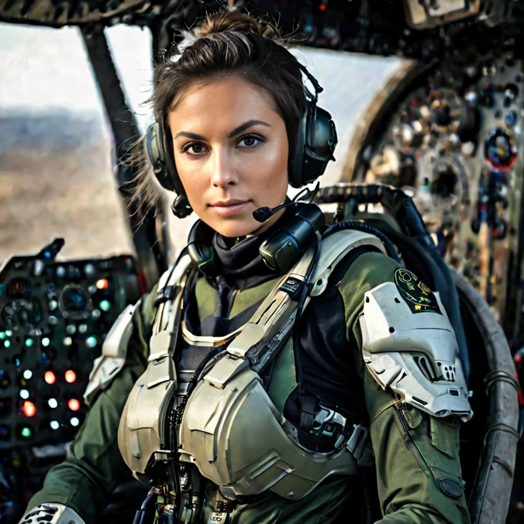 Highly detailed photo of a Women, SF soldier, 30yo, (Mech warrior of women mercenary, (body armor on bodysuit)), sitting like a queen, Stately and dignified, Very dissatisfied look, (headset, Powerful and beautiful eyes, 8K Ultra HD, Original photo, Model Photoshoot, Detailed skin, Skin imperfections, Photographed from directly in front, ((Female pilot sitting at the cockpit of Mech), Looking into the camera), upper body)