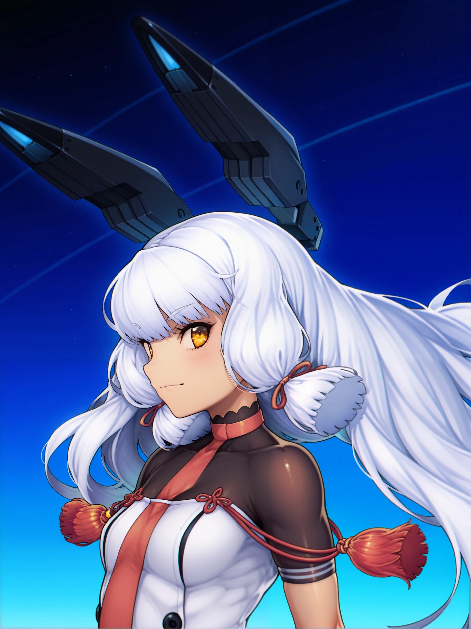  m asterpiece, top quality ,a m azing quality,
Alone, One girl ,
 m _kai_2,grey hair,very long hair,red hair ribbon, m _and, headgear , m _The cleavage of Kai 2 _Close, red tie,
 in rot _in_viewer, upper_body,fande_concentrated,hand_in_hair,dyna m ic_angle,cine m inic_angle,s m ile,light_, PROFILE ,