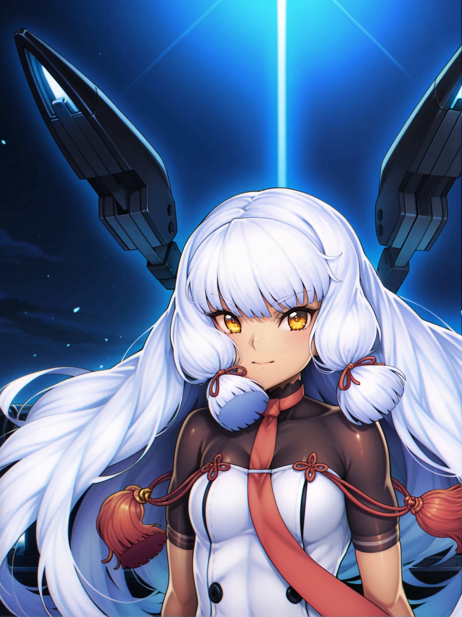  m asterpiece, top quality ,a m azing quality,
Alone, One girl ,
 m _kai_2,grey hair,very long hair,red hair ribbon, m _and, headgear , m _The cleavage of Kai 2 _Close, red tie,
 in rot _in_viewer, upper_body,fande_concentrated,hand_in_hair,dyna m ic_angle,cine m inic_angle,s m ile,light_, PROFILE ,